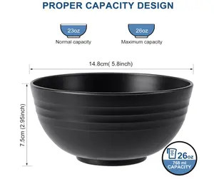 HOTEC BPA Free Unbreakable Wheat Straw Cereal Bowls - Microwave & Dishwasher Safe Soup and Salad Bowls, Set of 8, 26oz, Black