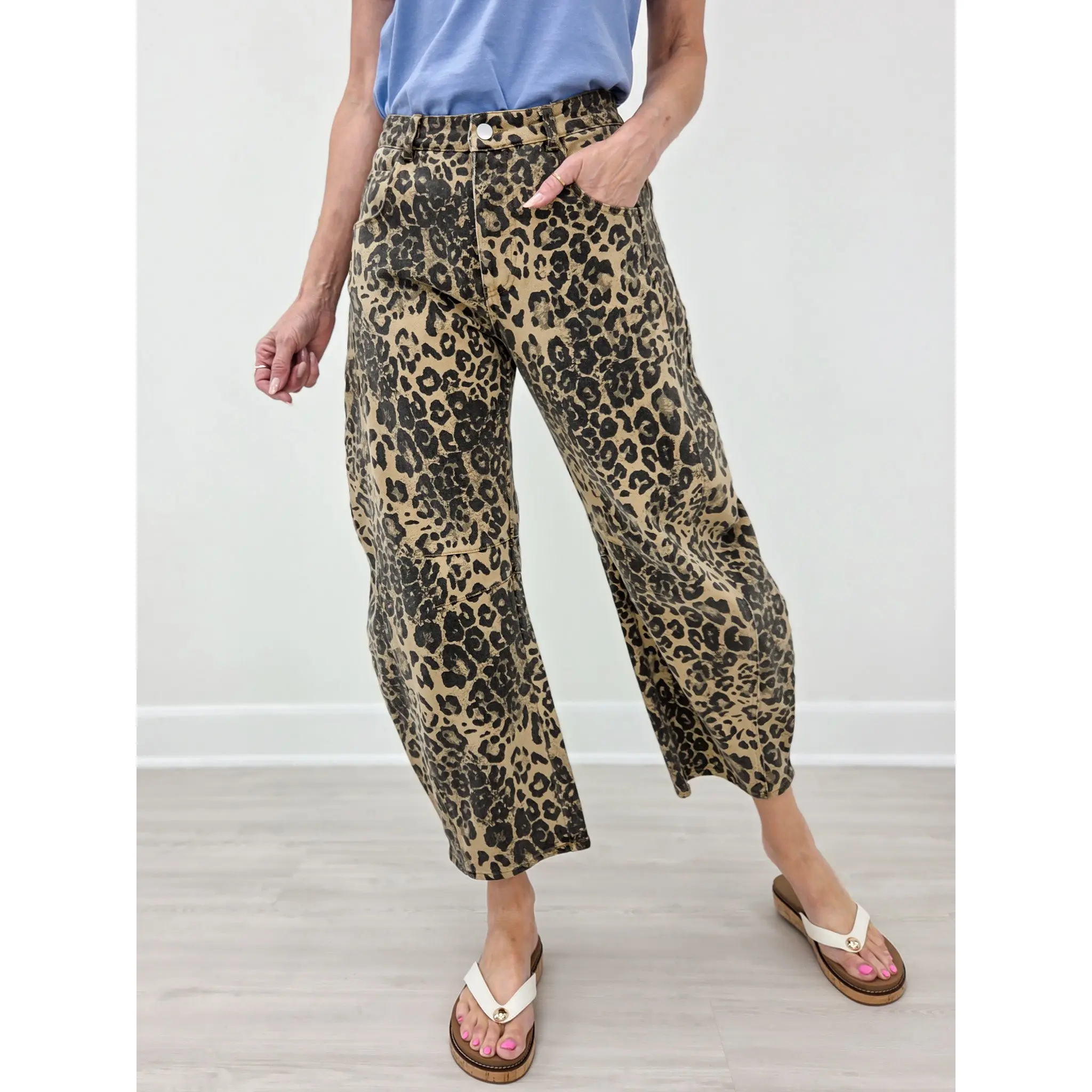 Leopard Print Mid-Rise Barrel Twill Pants