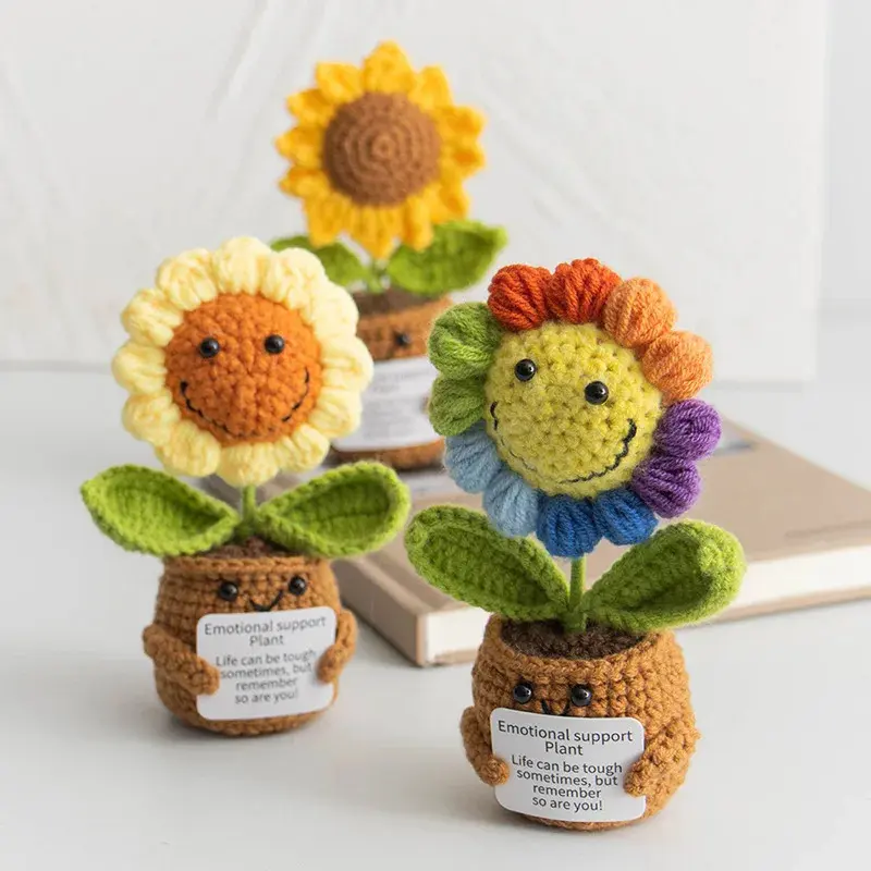 Handmade Crochet Sunflower Figurine Ornaments - Knitted Fabric Home Decor, Desk Accessory for Positive Support, Funny Gift for Friends, S1