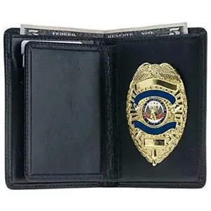 Police Badge Wallet  All Leather Universal Fit- Carbon Black Leather-For Pin Back Badge