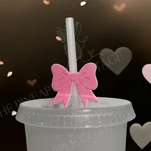 Pink Bow 3D Straw Topper Design Perfect For Beverages Drinkware