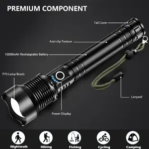 LED tactical flashlight - 10000mah portable super-bright rechargeable flashlight, aluminum lamp cover, men's tool gift, Father's Day gift, ideal choice for camping, hiking, patrolling, fishing and emergency use, hiking equipment