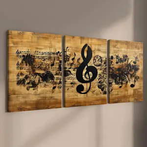Music Note Pattern Wooden Framed Canvas Painting, 3 Counts/set Vintage Music Symbol Pattern Wall Art, Wall Decor for Home Living Room Bedroom, Ornaments
