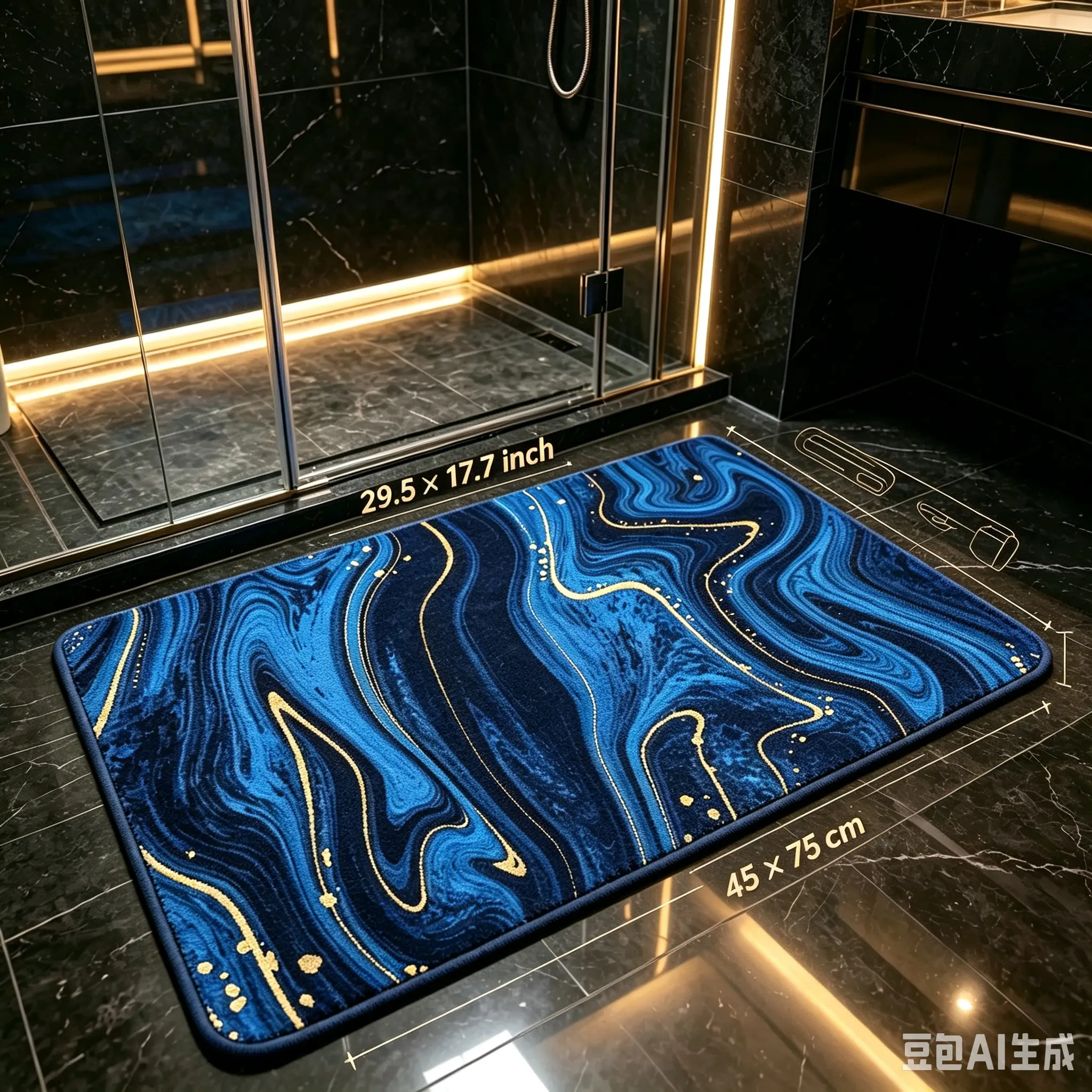 Rectangle Luxury Navy Blue Gold Marble Swirl Velvet Shower Bath Mat, 29.5x17.7in Thick Plush Non-Slip 3-Layer Premium Composite Material, HD Print Modern Hotel-Style Home Bathroom Decor