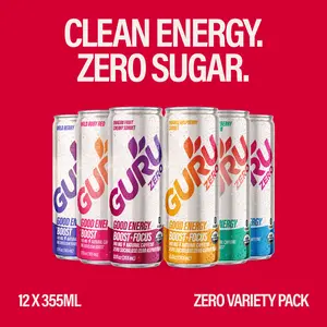 GURU ZERO SUGAR Organic Energy Drinks Variety Pack, Clean Energy Beverage with Plant Based Natural Caffeine from Green Tea, Coconut Water, Prebiotic, Zero Added sugars, Gluten Free and Vegan, Pre Workout, Healthy Drinks, 12oz (Pack of 12)
