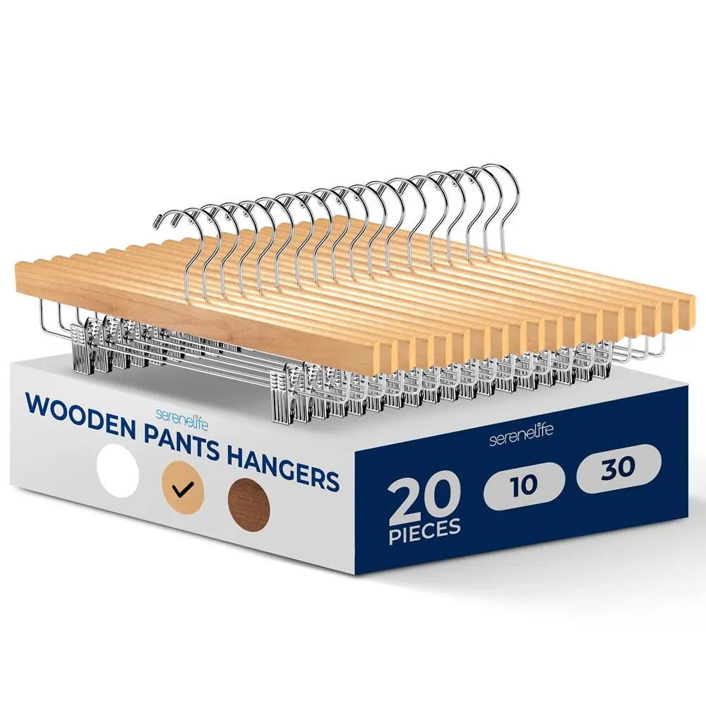20 Pack Natural Grain Wooden Pants Hangers - Durable Heavy-Duty Hangers with Non-Slip Adjustable Clips, 360° Swivel Hook, Glossy Finish - For Jeans, Slacks - Home Organizer Essentials