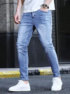 Men's Slim-Fitting Straight Leg Jeans, Light Blue Washed Denim Jeans, Versatile Long Trousers for All Occasions