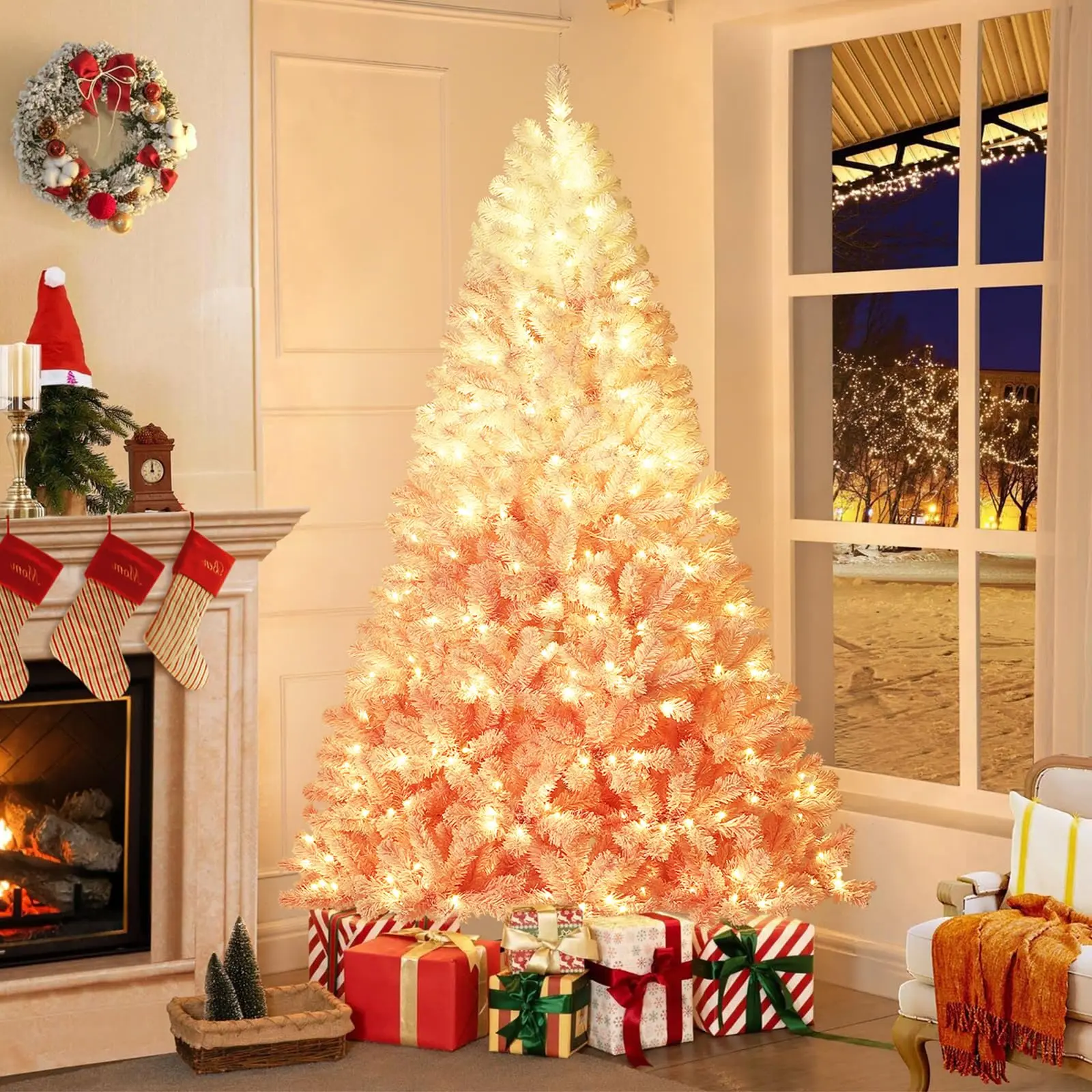 7.5ft Pre-Lit Snow Flocked Pink Gradient Christmas Tree - 450 RGB & Warm White LED Lights, Foldable Metal Base, Fire Resistant Lighted Indoor Furniture Decoration for Holiday Room Decorations, Home Room Decor
