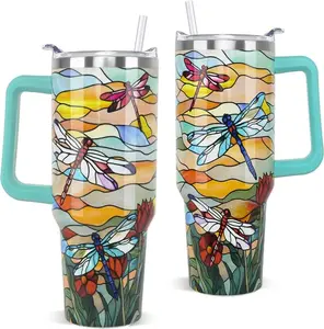 40 oz Stainless Steel Medieval Glass-Style Insulated Dragonfly Tumbler - Portable, Reusable, Lightweight Gothic Drinkware with Handle, Straw, Lid, for Beach Use, Women's Birthday Gift (Kitchenware Travel Mug)