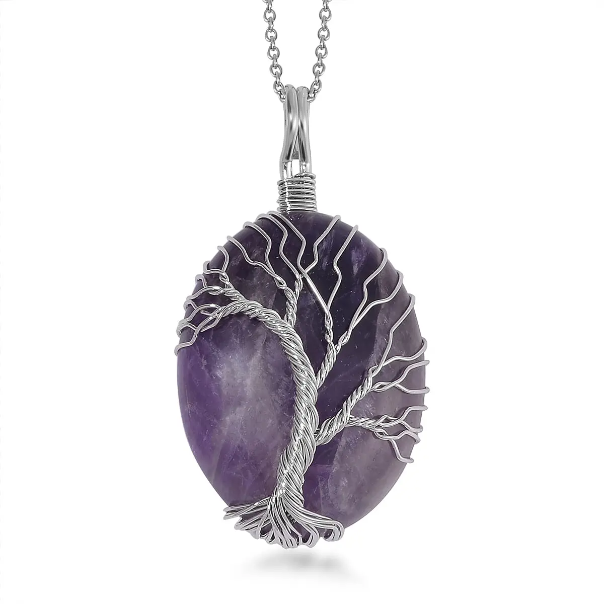 Amethyst Pendant in Silvertone with Stainless Steel Necklace 20 Inches 50.00 ctw