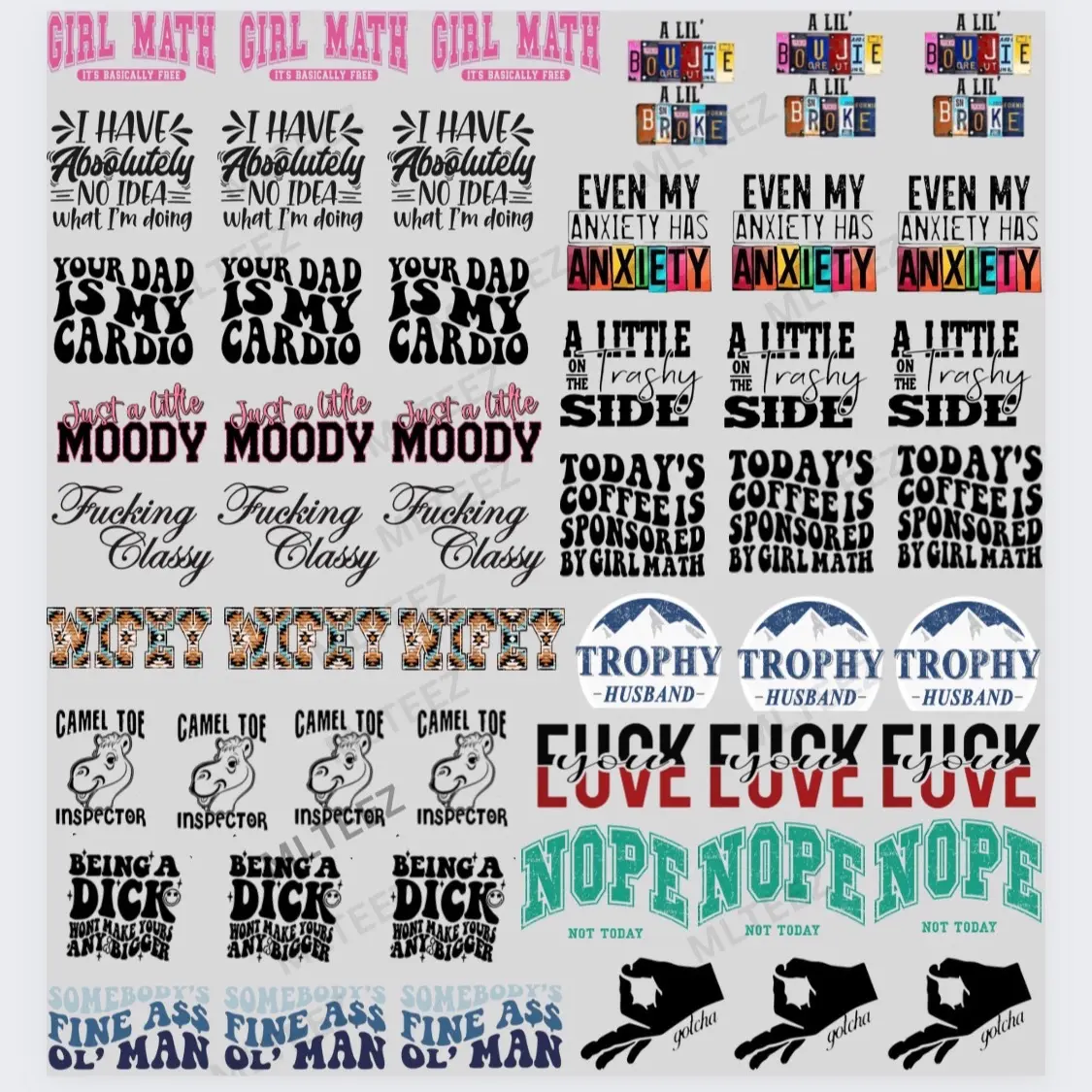 Girl Math Trucker Hat size DTF Transfers Gang Sheet 22Wx 24L DIY Direct to Film T shirt transfers or hat transfers
