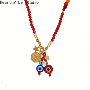 1pc Women's Fashion Pendant Necklace, Bohemian Style Mixed-and-Matched Colorful Glass Round Bead Evil Eye Cross Tag, Unisex Jewelry, Gift for Friends, Easter Gift, Daily Wear