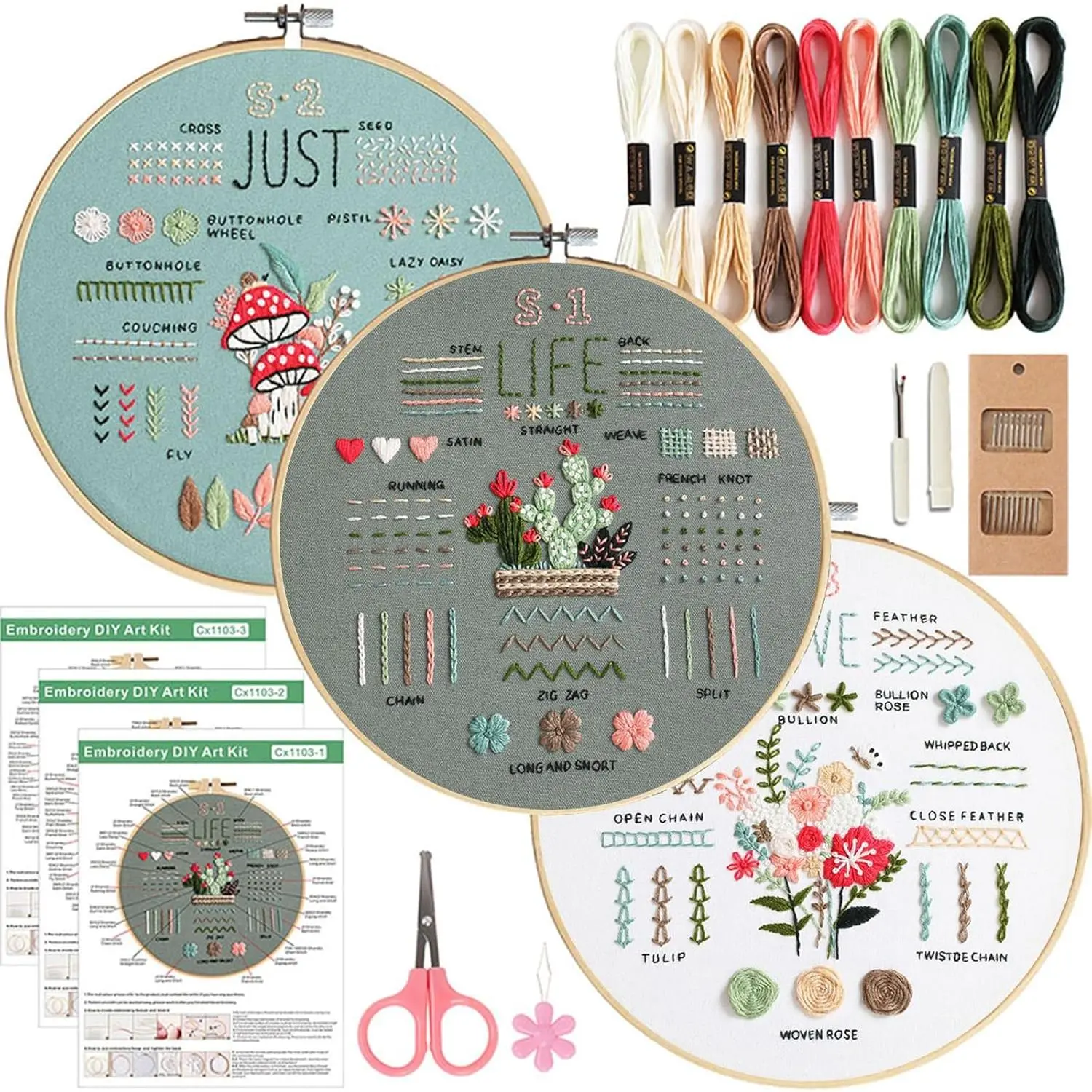 3 Sets Embroidery Kit for Beginners Adults, Needlepoint Cross Stitch Kits, Learn 34 Different Stiches DIY Kits, Hand Embroidery Kit for  with Simple Embroidery Patterns