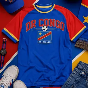 DR Congo Soccer T-Shirt – Blue Red Les Léopards Football Fan Tee B34