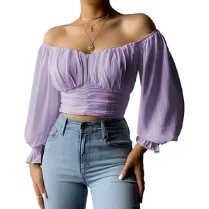 FMEYOA Womens Elegant Off The Shoulder Puff Sleeve Blouse Summer Chiffon Slim Fit Party Crop To