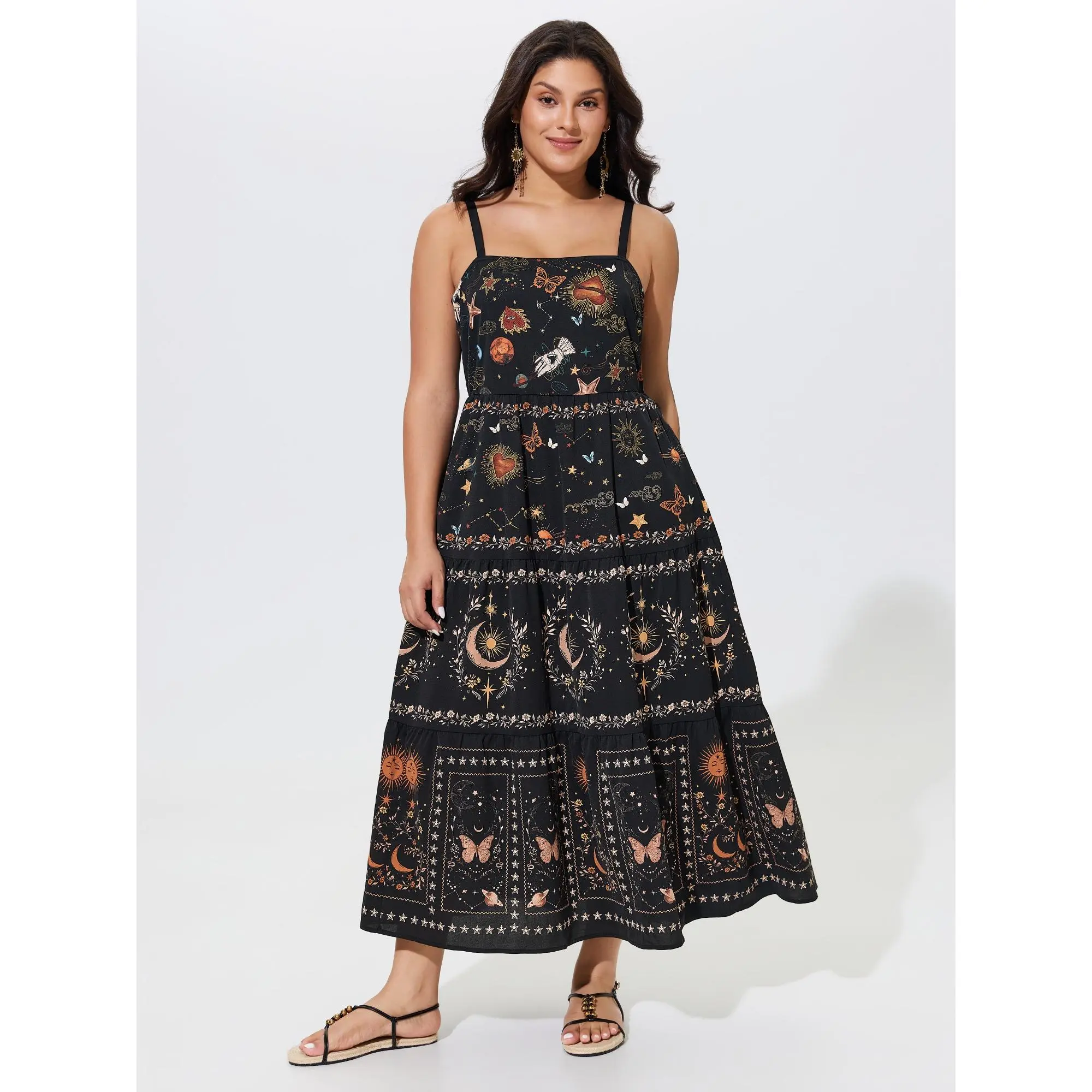 BloomChic Women's Plus Size Casual Bohemian Celestial Print Smocked Tiered Maxi Dress with Side Pockets, Smooth, Polyester, Garment, Fabric, Fit
