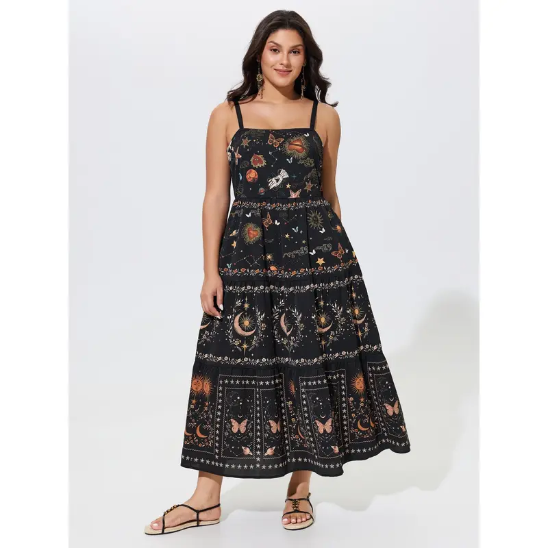 BloomChic Celestial Print Shirred Tiered Maxi Dress 【M-6XL】