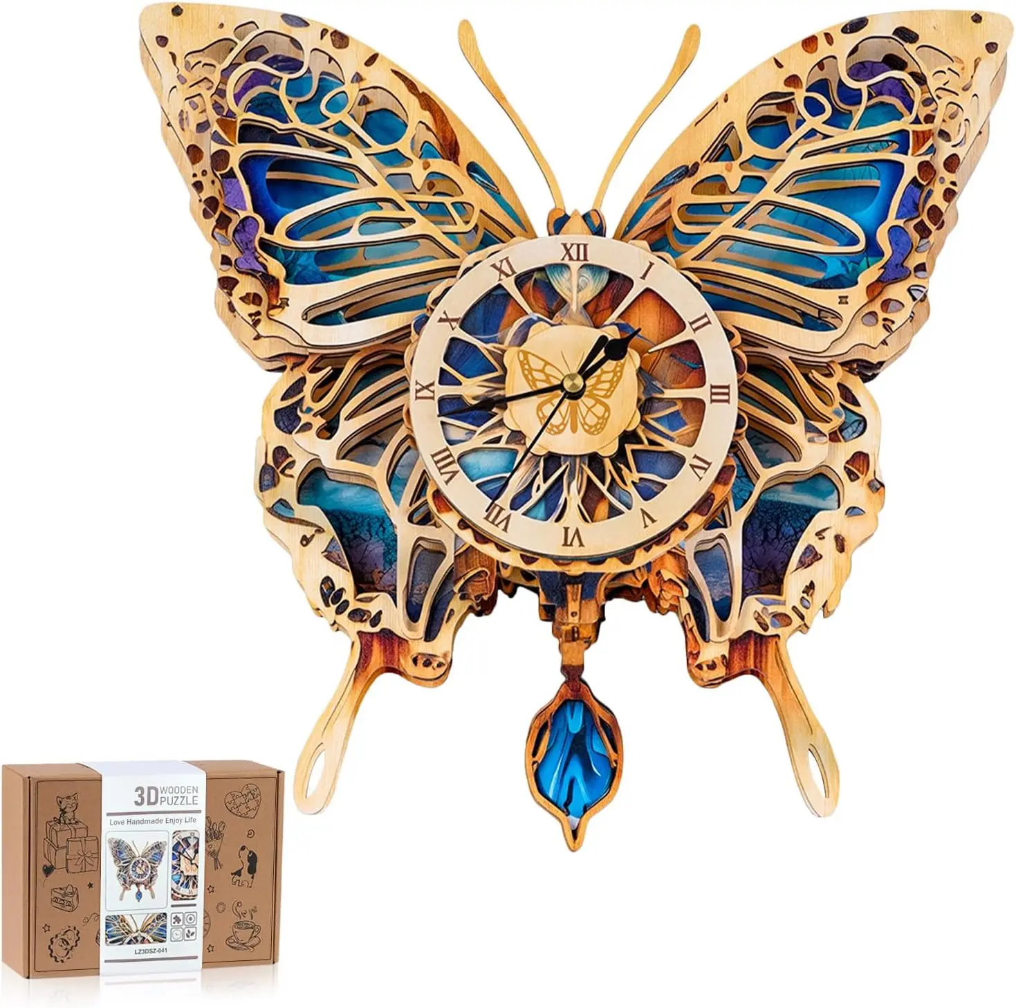 3D Puzzles for Adults, Butterfly Design Clock Kit with Pendulum, Beginner 3D Wooden Puzzles Model Kit DIY Crafts for Office Wall Decor Hobbies Birthday Christmas Idea Gift summerwins