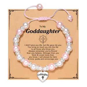 OIDEA Goddaughter Baptism Gift Bracelet with Heart Charm and Faux Pearl, Inspirational Keepsake from Godmother