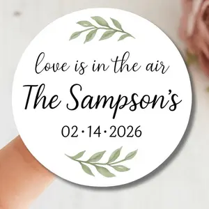 Love Is in the Air Wedding Sticker Custom Name Date Round Greenery Favor Label Elegant Minimalist Bridal Shower Envelope Seal