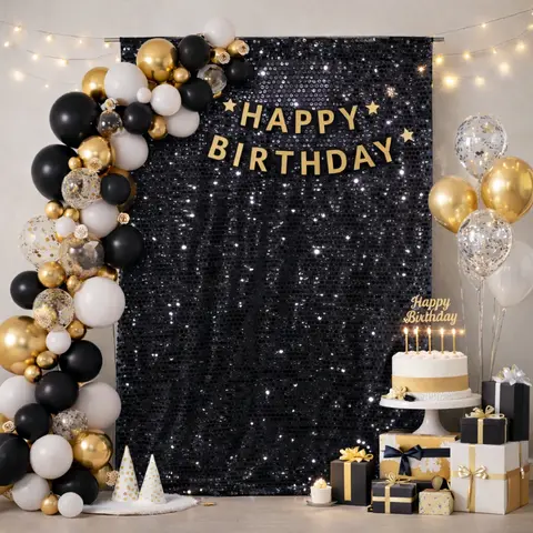 Black(9*8ft) Reflective Sparkle Sequin Curtain Backdrop Banner, 18mm Large Black Sequins Backdrop, Party Event Props, 9x8 Feet Home & Festive Decor Ideal for Weddings & Parties