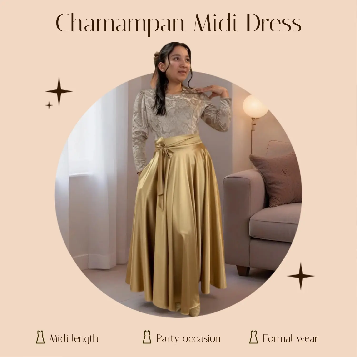 MIDI Champan Elegant Dress Long Sleeve Casual Womenswear Satin - TikTok Shop