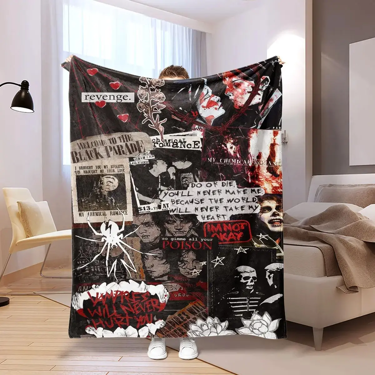 My Chemical Romance Emo Goth Punk Rock 100% Polyester Flannel Blanket - Soft Fabric Dark Grunge Collage Throw with Black Parade Lyrics & Album Art, Durable Machine-Washable MCR Fan Merch for Adult Sofa, Room & Alternative Room Decor Gift