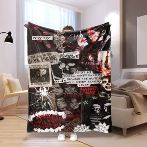 My Chemical Romance Emo Goth Punk Rock Flannel Blanket. Dark Grunge Collage Throw with Black Parade Lyrics & Album Art for Sofa Bed Dorm. MCR Band Fan Merchandise Soft Fleece Blanket Decor Gift for Adult Teens.