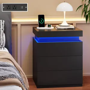 Modern Nightstand with Sliding Top Charging Station LED Lights 3 Drawers Bedside Table for Bedroom Home Furniture