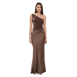 LikeMyChoice Elegant One Shoulder Neck Pleated Party Maxi Dress in Mocha Color for Women's Fashion Elegance Asymmetrical prom dress formal dresses for women