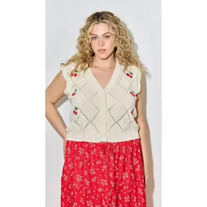 Plus - Cream Cable Knit Cherry Lane Vest with Embroidered Cherries & Button Down Front for Plus Sizes 1X-3X Casual Soft Womenswear Breathable Sleeveless Fabric
