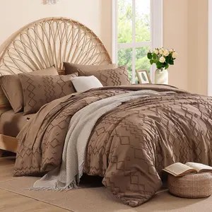 King Size Comforter Set Brown, Tufted Geometric Boho Bedding Farmhouse Bed Set, All Season 7 Pieces Bed in a Bag with Sheets, Pillowcases & Shams