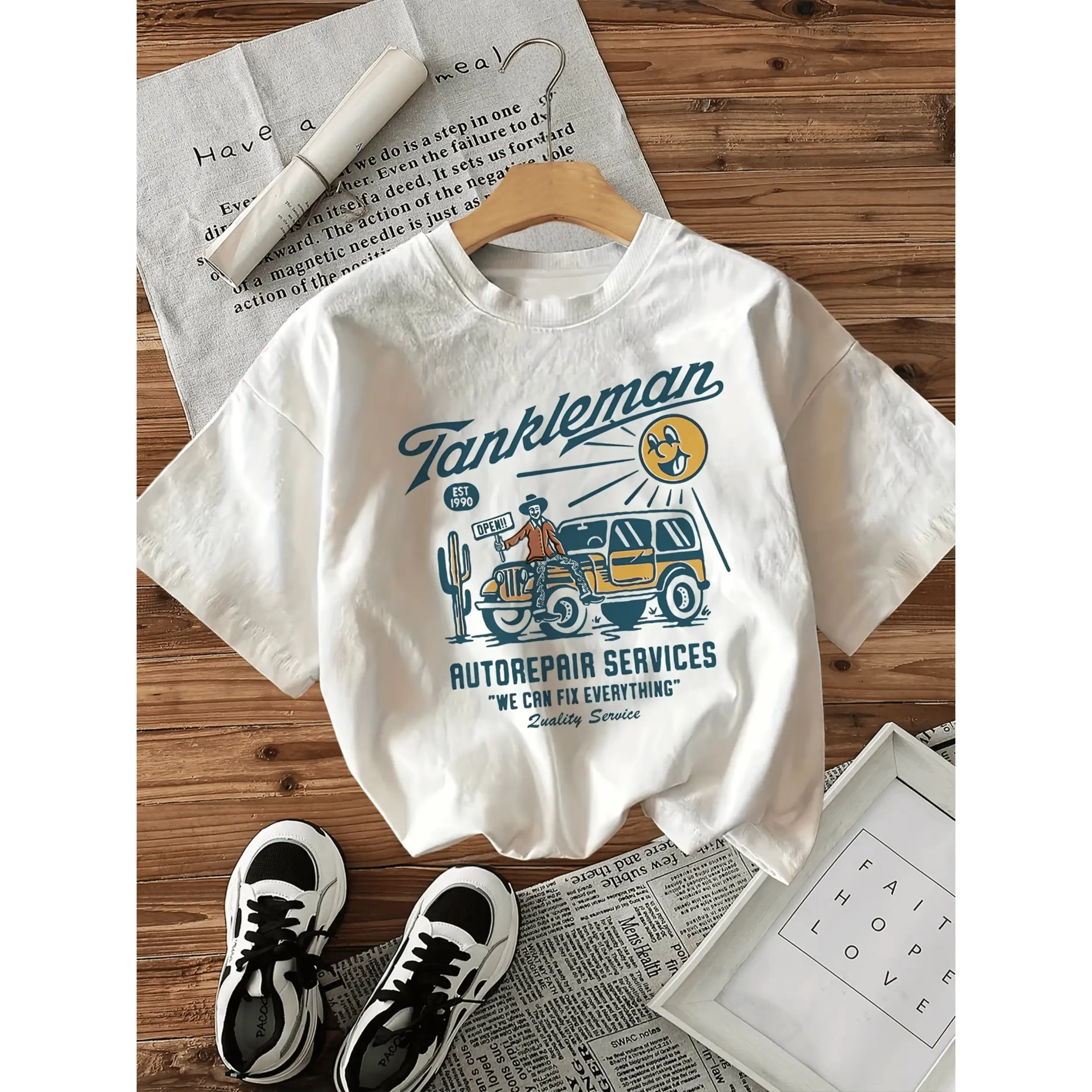 Gildan Women's and Men's T-shirt, Vintage Tankleman Letter Off-Road Vehicle Clown  Graphic Tee, Vacation Outfits, Unisex Gift For Men Women T-shirt, Top for Summer & Spring Menswear Womenswear Streetwear