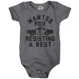 Wanted for Resisting A Rest Baby Bodysuit Funny Sarcastic Graphic Novelty Jumper for Infants Funny Baby Onesies Funny Sarcastic Onesie Novelty Onesie Dark Grey
