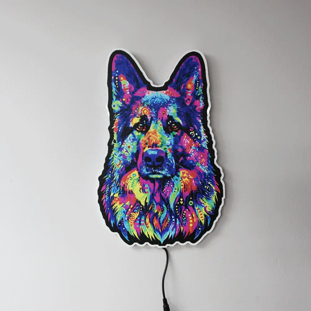 Colorful German Shepherd Wall Art | LED Light-Up Sign or UV Print | 14", 18", 22" | Handmade in USA