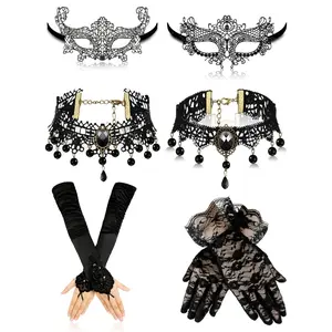 6-piece Set Venetian Makeup Ball Mask Set, Including Lace Eyepatch, Lace Necklace, Gloves, Suitable for 80s Parties, Valentine's Day, Birthdays, Parties, New Year Gifts
