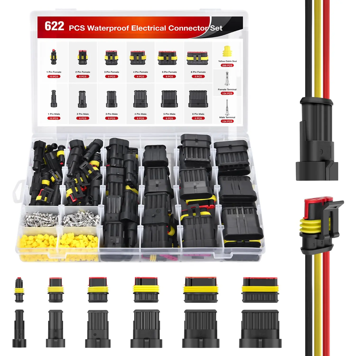 Nilight 622PCS Waterproof Protective Electrical Terminal Plug Kit, 1-6 Pin Male-Female Wire Connectors, 43 Quick Connect Sets, Durable Reliable Connectors for Auto Repair, Marine Use, LED Wired Jack Compatibility, Waterproof Protective Connectors