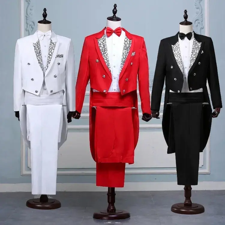 Men's White Tailcoat Suit, Slim Fit 2-Piece Alternative Dress Tuxedo with Double Breasted Peak Lapel Jacket, Polyester Knit Menswear for Weddings, Button Fly, Wedding Stage, Two-Pieces