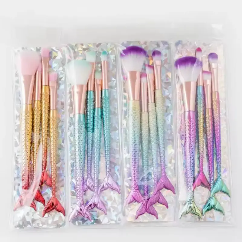 4-Piece Mermaid Makeup Brush Set – Soft Colorful Makeup Brushes