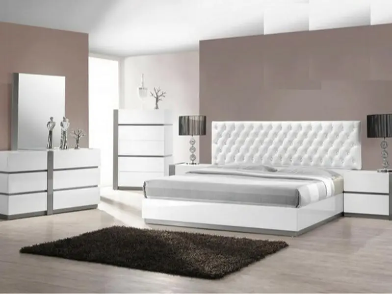 Best Master 4-Piece Seville-Style White Lacquer Wood Queen Bedroom Furniture Set with Dresser, Nightstands, and Drawer for Bedroom Decor