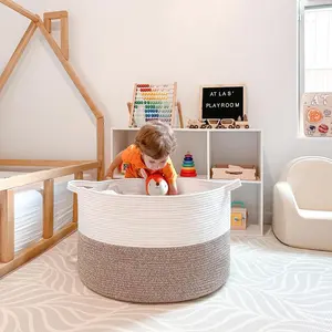 Large Cotton Rope Storage Basket (19.68" x 12.99" | 83L), Woven Baby Laundry Basket with Handles, Decorative Toy Blanket Organizer for Nursery, Living Room, Bathroom (White & Brown)