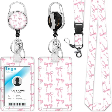 Bowknot Pattern Id Badge Holder Set, Id Card Holder with Lanyard & Retractable Badge Reel, Personalized Lanyard, Identification Badges Supplies for Nurse Doctor, Office Gadgets Tools, Funny Gift, Decorative Badge, Id Badge Holders Retractable