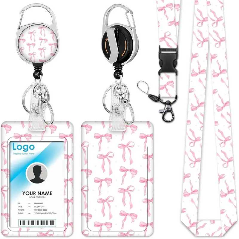 Bowknot Pattern Id Badge Holder Set, Id Card Holder with Lanyard & Retractable Badge Reel, Personalized Lanyard, Identification Badges Supplies for Nurse Doctor, Office Gadgets Tools, Funny Gift, Decorative Badge, Id Badge Holders Retractable