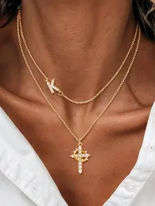 2 Piece Set Micro-Set Zircon Crown Cross Initial Pendant Necklace, Vintage Fashion Stainless Steel Chain, Women's Multi-Layer Necklace