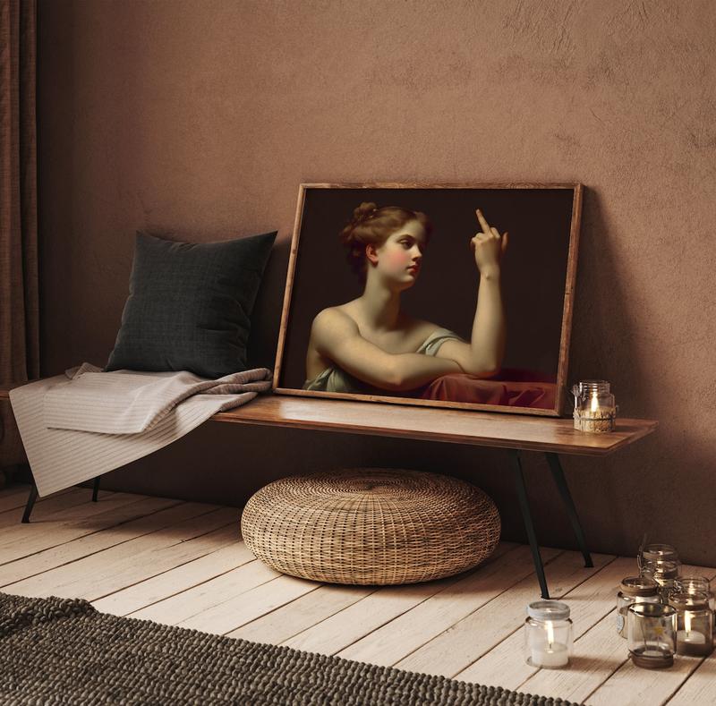 Woman with Middle Finger Funny Wall Art, Eclectic Wall Art, feminist wall art, alter vintage , Funny meme poster, funky wall art, Girly Room Decor, Gift for her