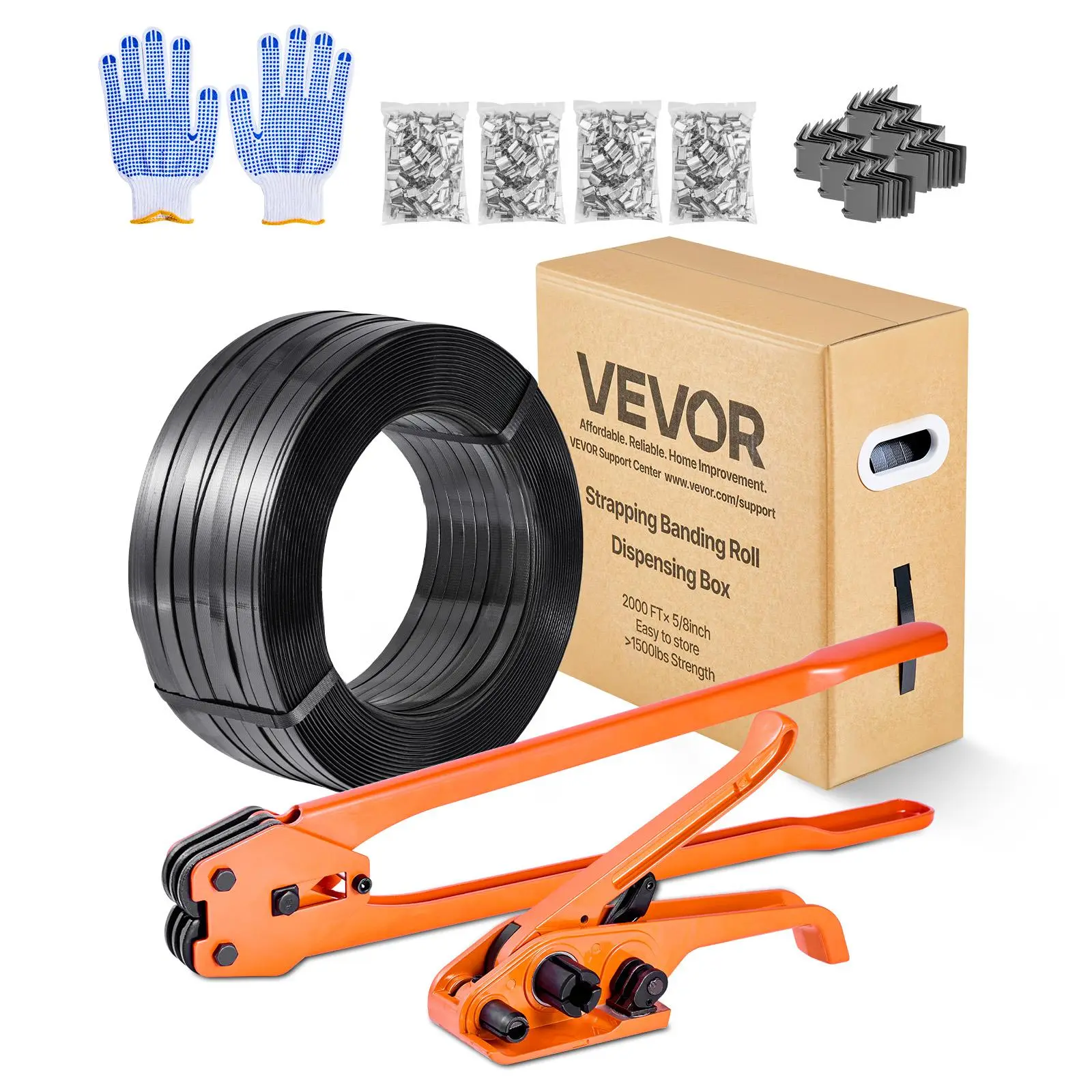 【SummerFinds】VEVOR Banding Strapping Kit, Heavy Duty Banding Sealer Tool with 2000 ft PET Band, 600 Metal Seals, 200 Corner Protectors, Plastic Pallet Packaging Strapping Kit for Warehouse, Transportation, Home