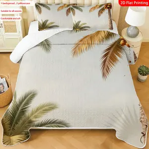 3 pcs, 2D flat print tropical palm tree bed cover set, coconut palm theme, multiple sizes available, bedding set, festive decorative bedding, ideal for bedroom décor(1 bedspread , 2 pillowcase)