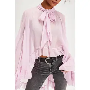 Women's Ruffled Tops Bow Tie Design Stylish Solid See Through Loose Fit V Neck Long Sleeve Blouses Perfect for Summer
