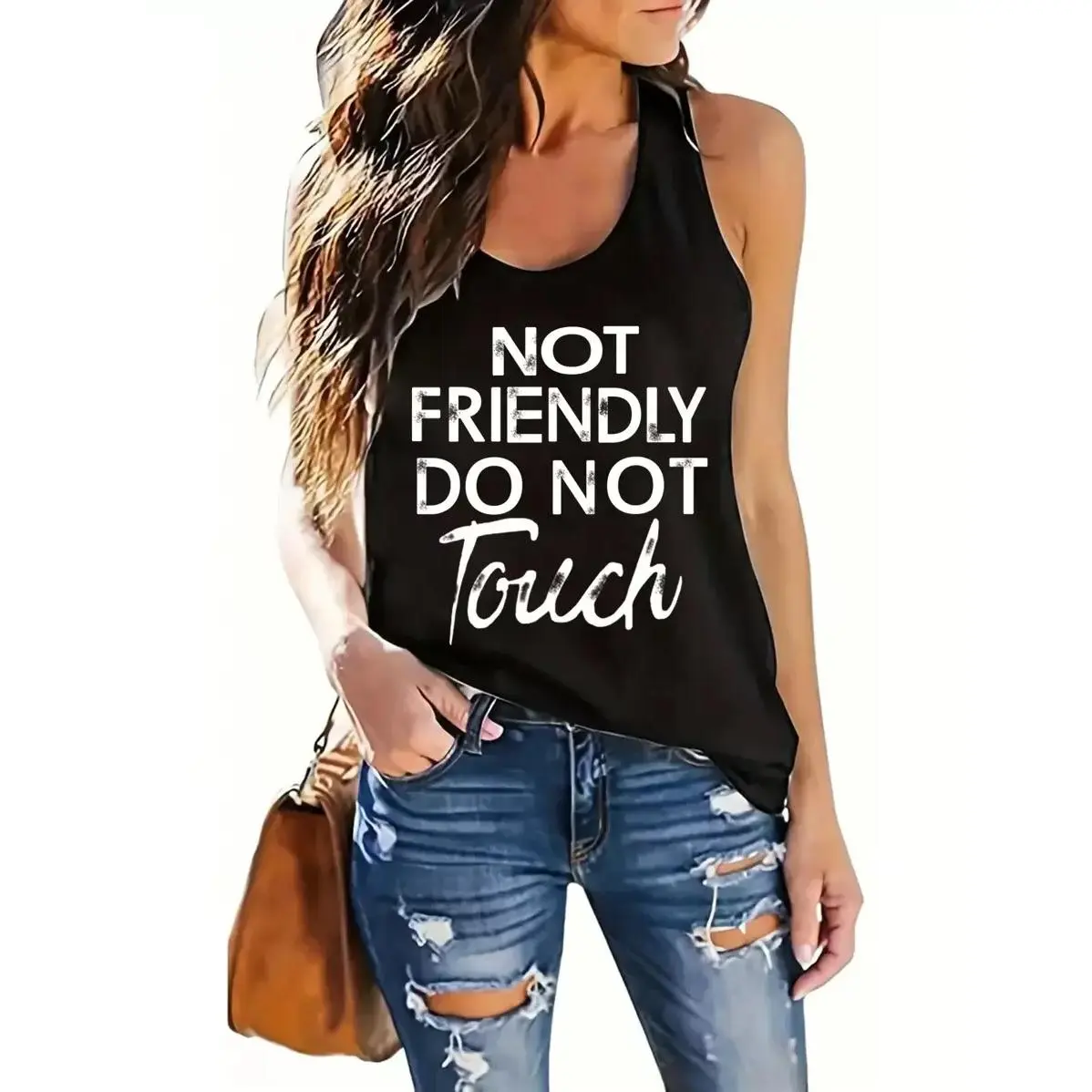 Women's Polyester Letter-Print Tank Top - "NOT FRIENDLY DO NOT Touch" Graphic, Casual Day Wear, Breathable Fabric, Fits Most Body Types, Vest, Fashion, Sleeveless, Tops, Spandex, Printed, Racerback, Cute, H Type, Korean, Preppy