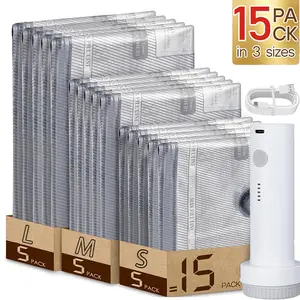 【2026 Upgraded】 X7 Cordless Travel Vacuum Storage Compression Bag Set with Rechargeable air Pump 15 Pack Waterproof & Reusable Compression Packing Bags for 3 Size，Perfect for Carry-On Suitcases